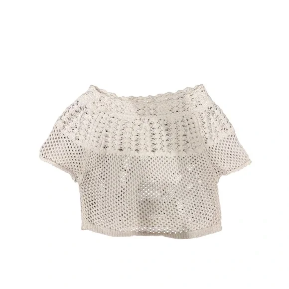Anthropologie Crochet Knit Crop Top Cream Off White Boho Open Knit XS 0437 - Picture 5 of 8